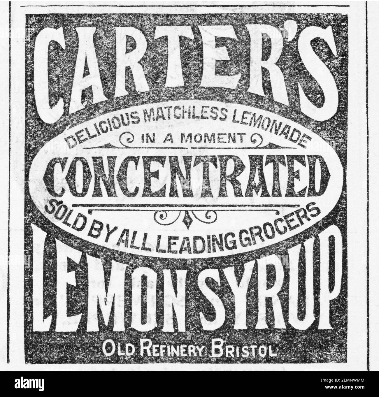 Old Victorian Magazine Newsprint Carter's Lemon Syrup Food-Werbung von 1897 - vor dem Anbruch der Werbestandards. Geschichte der Werbung. Stockfoto