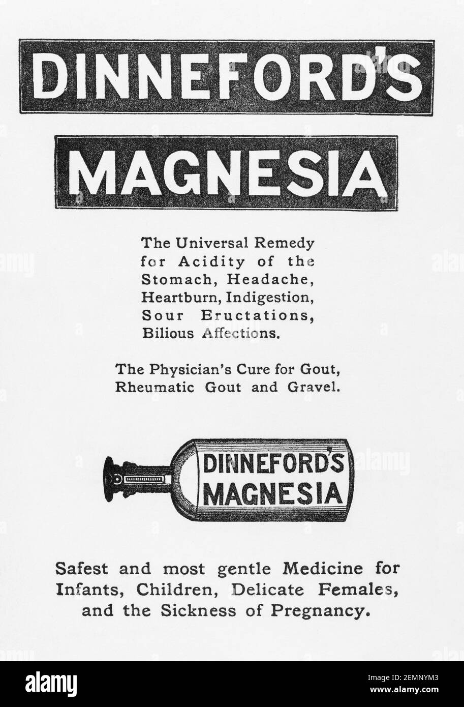 Alte viktorianische gedruckte Anzeige für Dinnefords Verdauungsmedizin von 1905 - vor der Morgendämmerung der Werbungsstandards. Geschichte der Medizin. Stockfoto