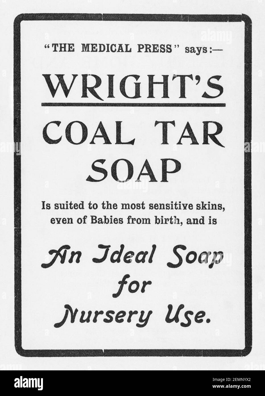 Alte viktorianische gedruckte Anzeige für Wright's Coal Tar Seife von 1905 - vor dem Anbruch der Werbestandards. Geschichte der Seifenherstellung. Stockfoto