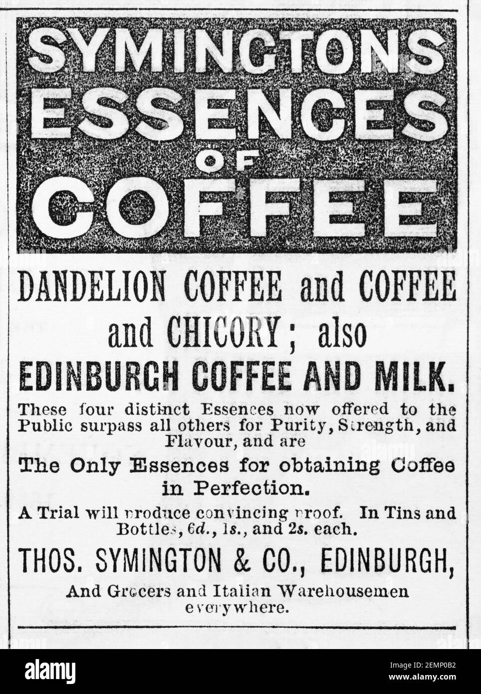 Alte viktorianische Anzeige für Symingtons Dandelion Kaffee Essenz von 1880. Auch Chicory Kaffee Essenz. Geschichte der Werbung. Stockfoto
