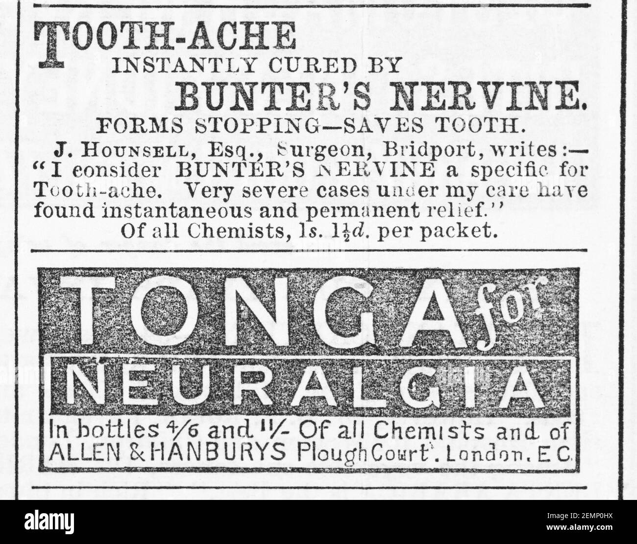 Alte viktorianische Zeitschrift Zeitungspapier Neuralgie Medizin Anzeige von 1880 - vor dem Anbruch der Werbung Standards. Geschichte der Medizin. Stockfoto