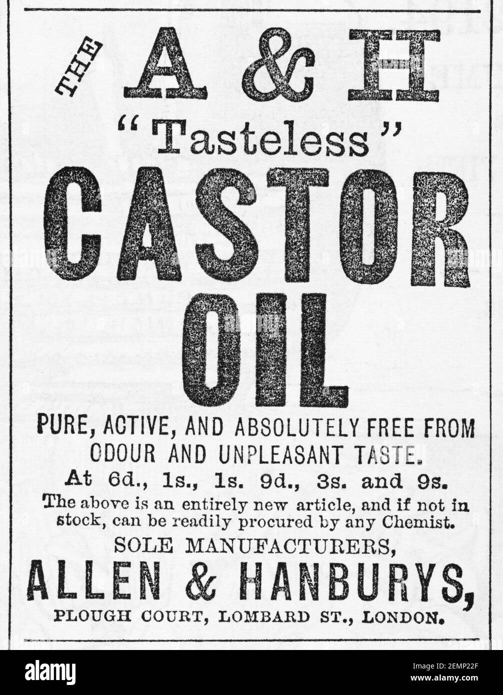 Alte viktorianische Zeitschrift Zeitungspapier Castor Öl Medizin Anzeige von 1883 - vor Werbestandards. Geschichte der Werbung und medizinische Werbung. Stockfoto