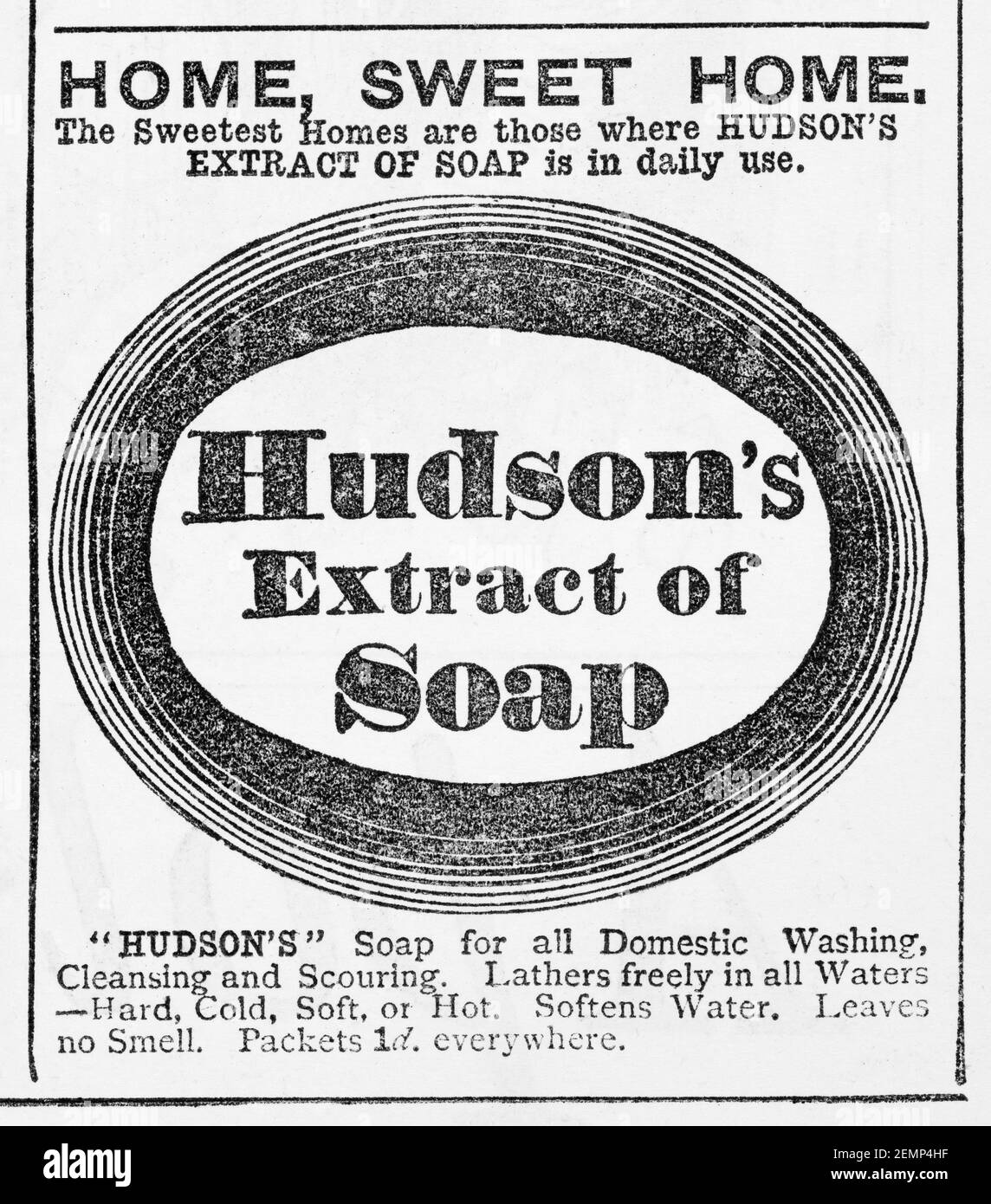 Alte viktorianische Zeitschrift Zeitungsdruckpapier Hudson's Soap Markenwerbung von 1887 - vor dem Anbruch der Werbestandards. Geschichte der Seifenherstellung. Stockfoto