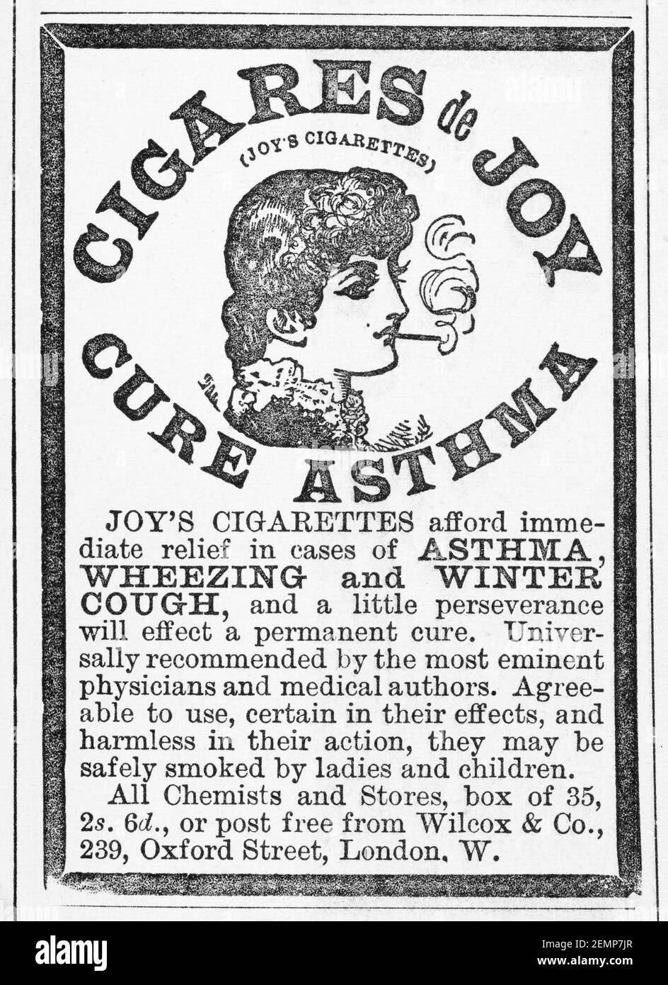 Alte viktorianische Zeitschrift Zeitungspapier medizinische Datura Zigarette medizinische Anzeige (Anti-Asthma) von 1895 - vor Werbestandards. Anamnese. Stockfoto