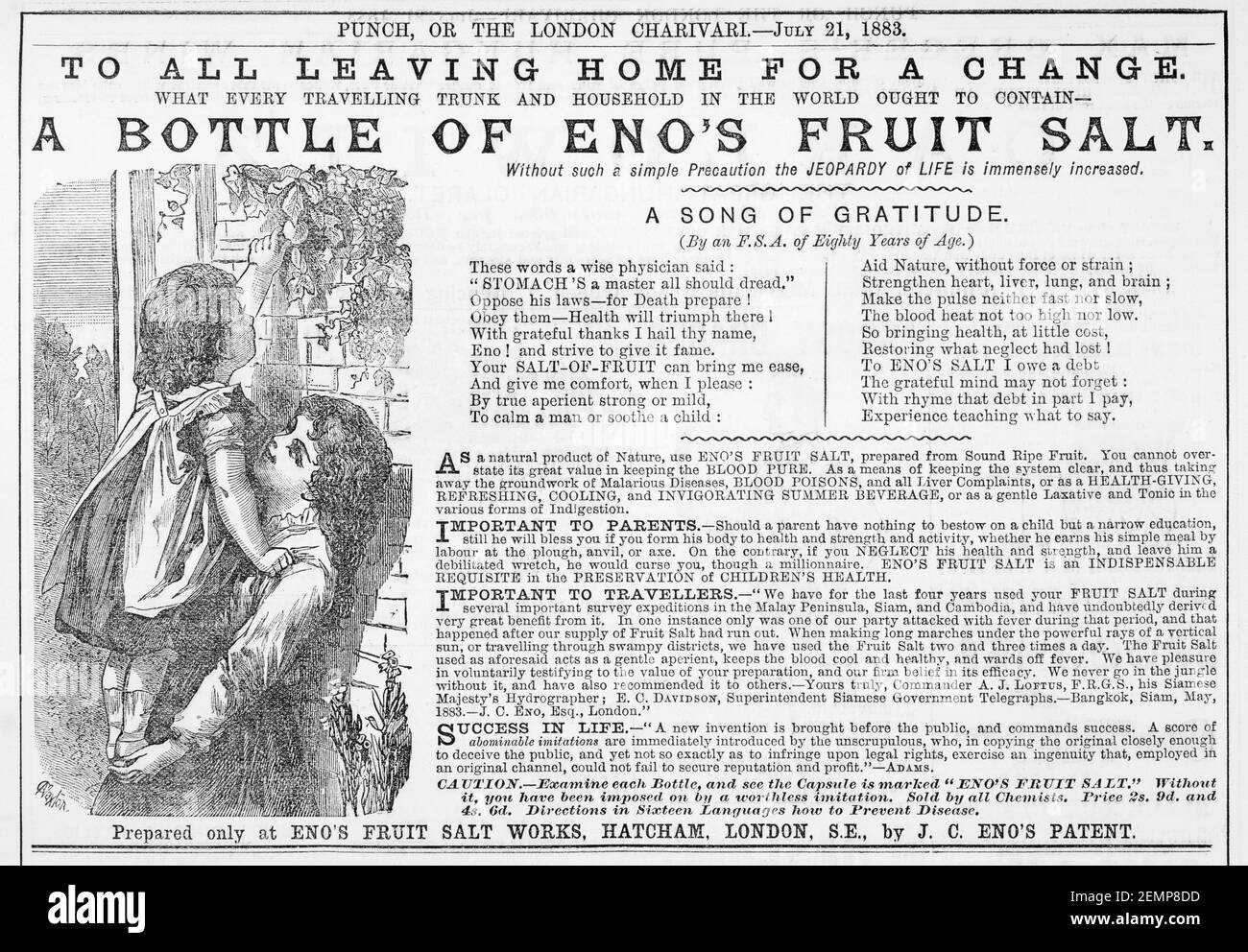 Old Victorian Magazine Newsprint Eno's Fruit Salt Medizin Anzeige von 1883 - vor dem Anbruch der Werbestandards. Geschichte der Medizin. Stockfoto