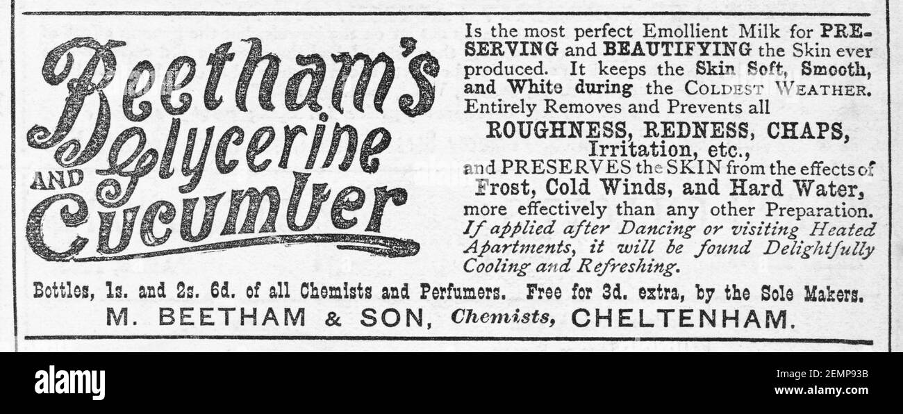 Old Victorian Magazine newsprint Beetham's Glycerin & Gurkenmilch Beauty-Anzeige von 1887 - vor dem Anbruch der Werbestandards. Stockfoto