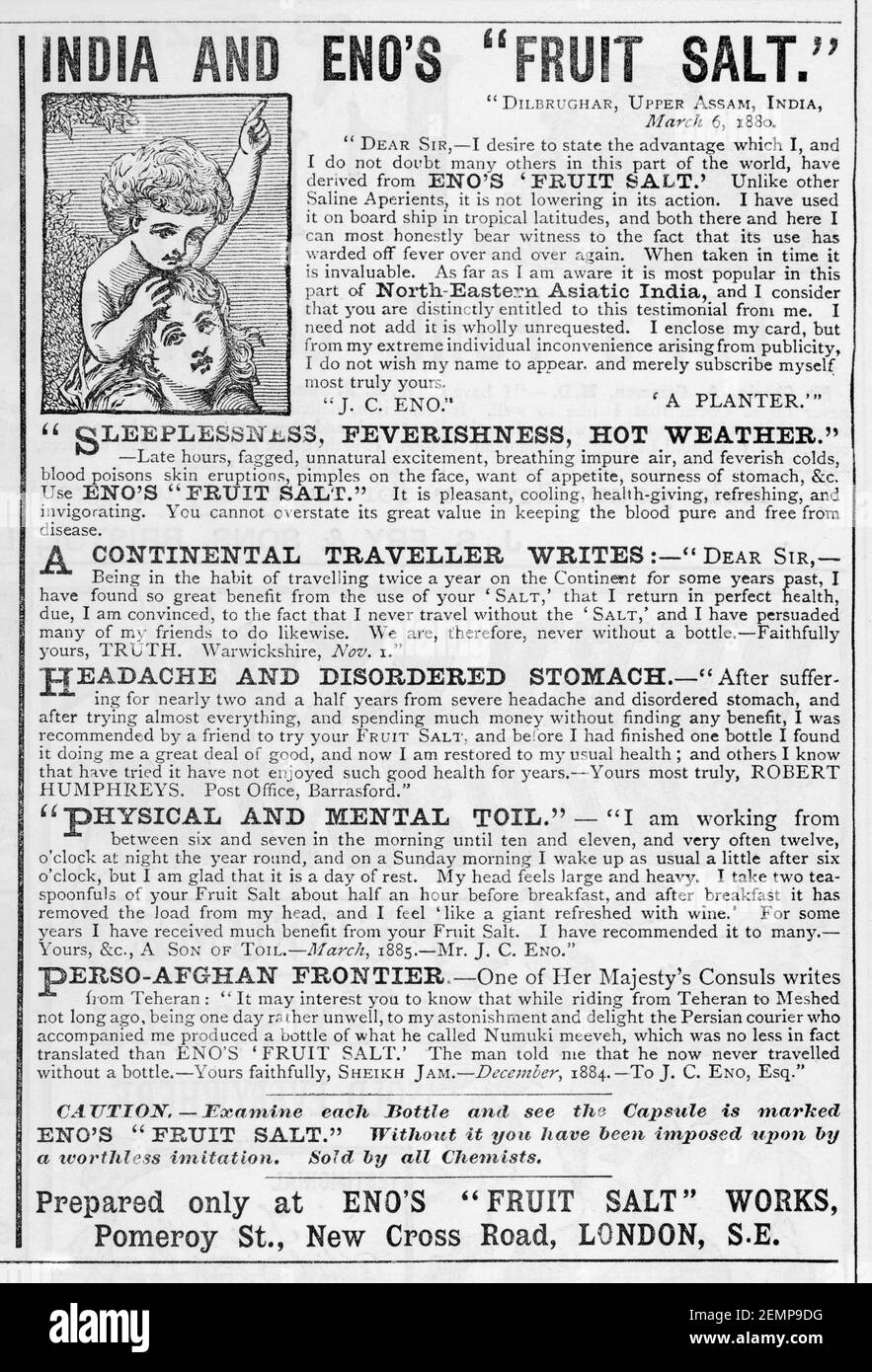Old Victorian Magazine Newsprint Eno's Fruit Salt Werbung von 1887 - vor dem Anbruch der Werbestandards. Geschichte der Medizin. Stockfoto
