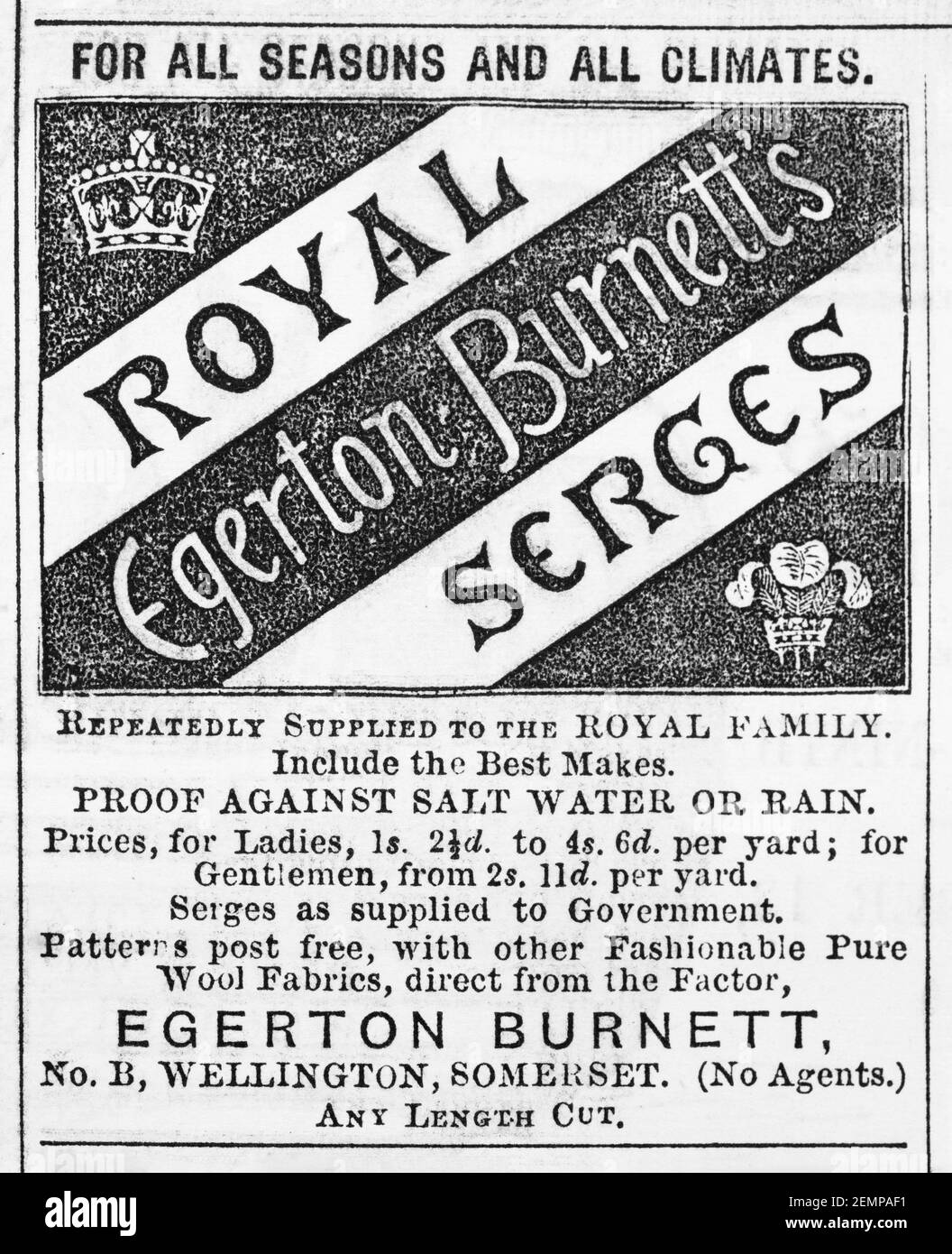 Alte viktorianische Zeitschrift Zeitungsdruckpapier Egerton Burnett serges Anzeige von 1880 - vor dem Anbruch der Werbung Standards. Stockfoto