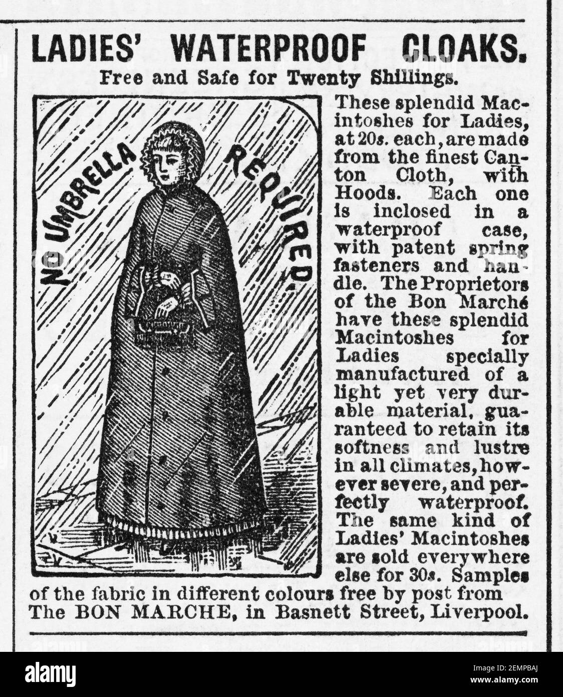 Alte Zeitschrift Regenmantel Kleidung Werbung aus viktorianischen Zeiten (1883) - Pre-Werbung Standards. Alte Kleidung Werbung, frühe Regenmäntel, trocken halten Stockfoto