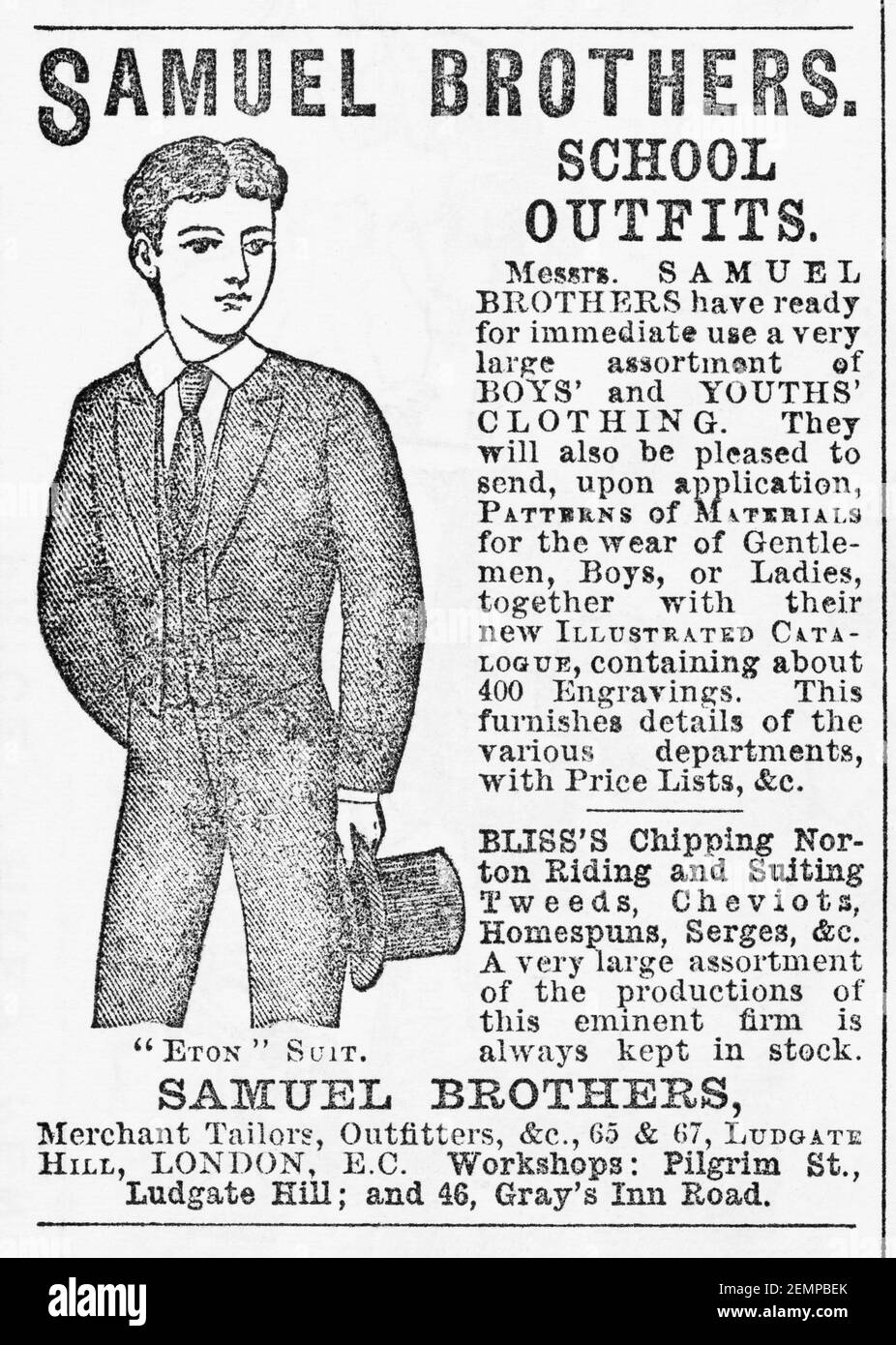 Old Victorian Magazin Zeitungspapier Schuluniform / Kinder Kleidung Anzeige von 1891 - vor der Morgendämmerung der Werbungsstandards. Geschichte der Mode. Stockfoto