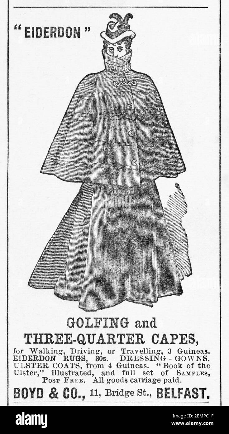 Alte viktorianische Zeitschrift Zeitungspapier Damen Umhang Kleidung Anzeige von 1895 - vor dem Anbruch der Werbung Standards. Geschichte der Mode. Stockfoto