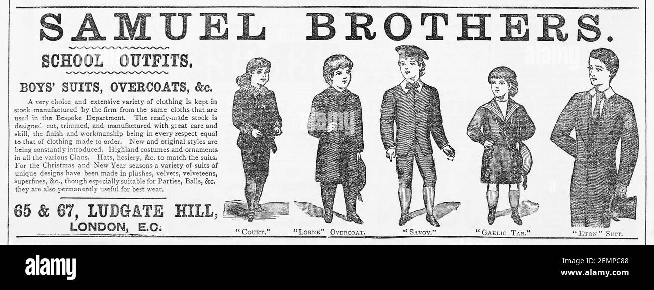 Old Victorian Magazin Zeitungspapier Schuluniform / Kinder Kleidung Anzeige von 1887 - vor der Morgendämmerung der Werbungsstandards. Geschichte der Mode. Stockfoto
