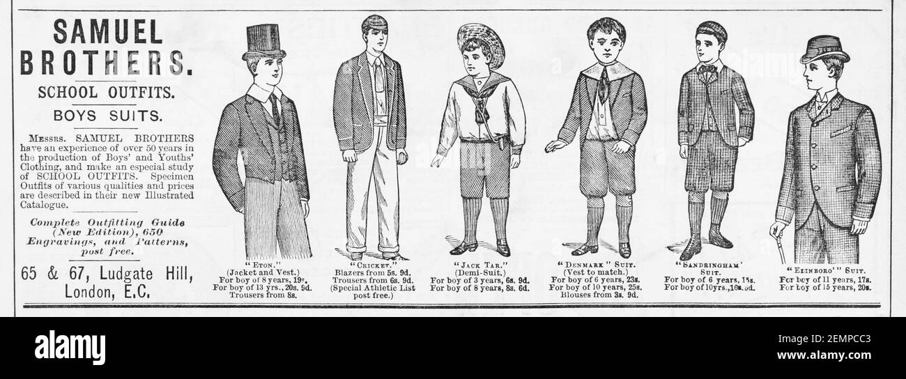 Old Victorian Magazin Zeitungspapier Schuluniform / Kinder Kleidung Anzeige von 1894 - vor der Morgendämmerung der Werbungsstandards. Geschichte der Mode. Stockfoto