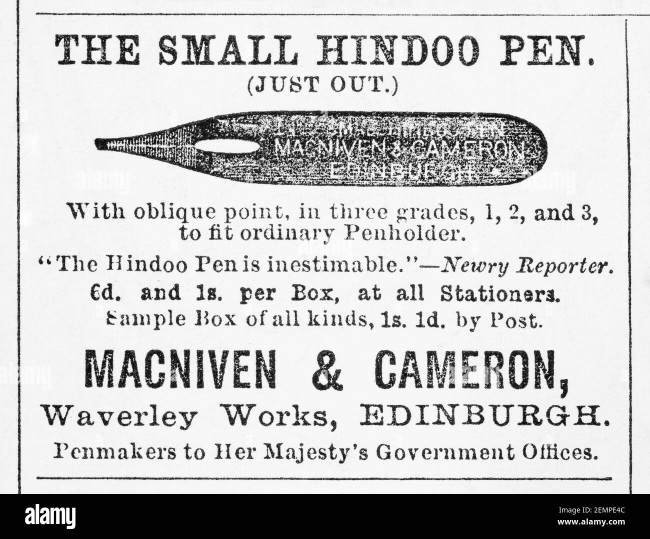 Old Victorian Magazine newsprint Macniven & Cameron 'Hindoo' Pen Nib Anzeige von 1894 - vor dem Anbruch der Werbestandards. Stockfoto