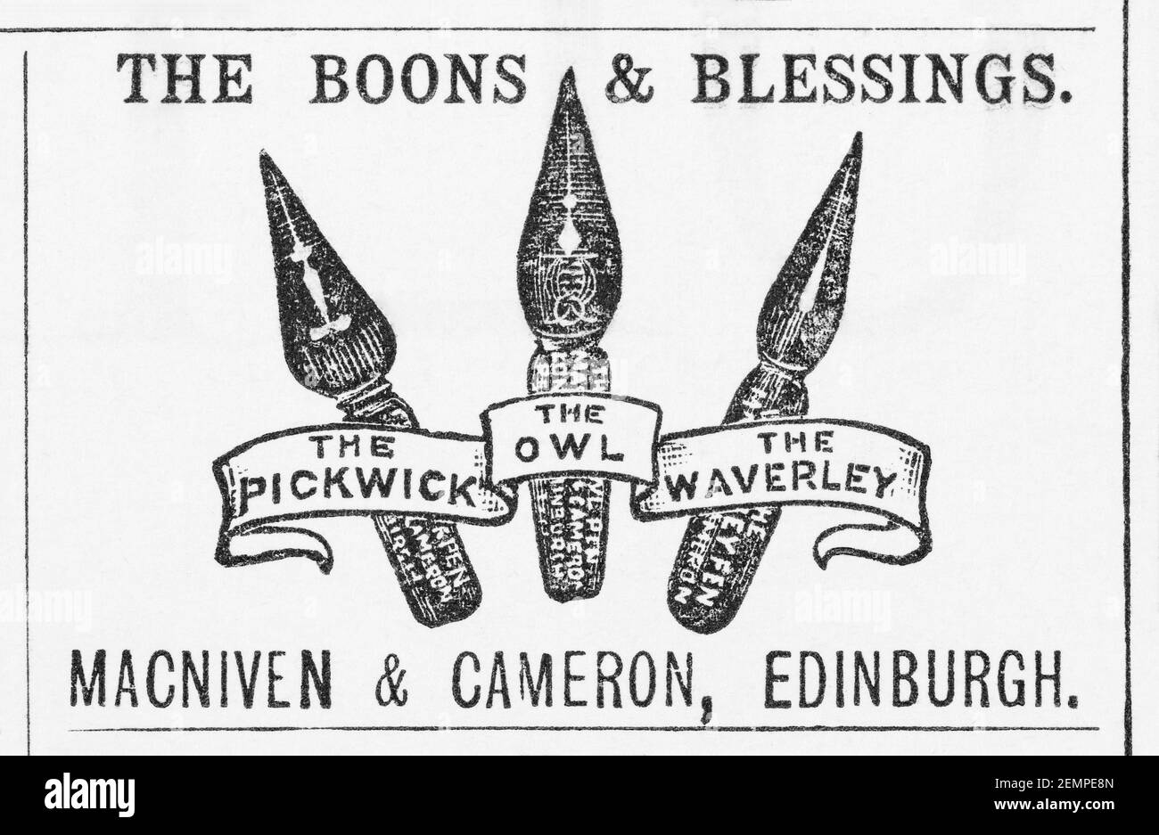 Old Victorian Magazine Newsprint Macniven & Cameron Pen Nib Anzeige von 1897 - vor dem Anbruch der Werbestandards. Verlauf der Stifte. Stockfoto