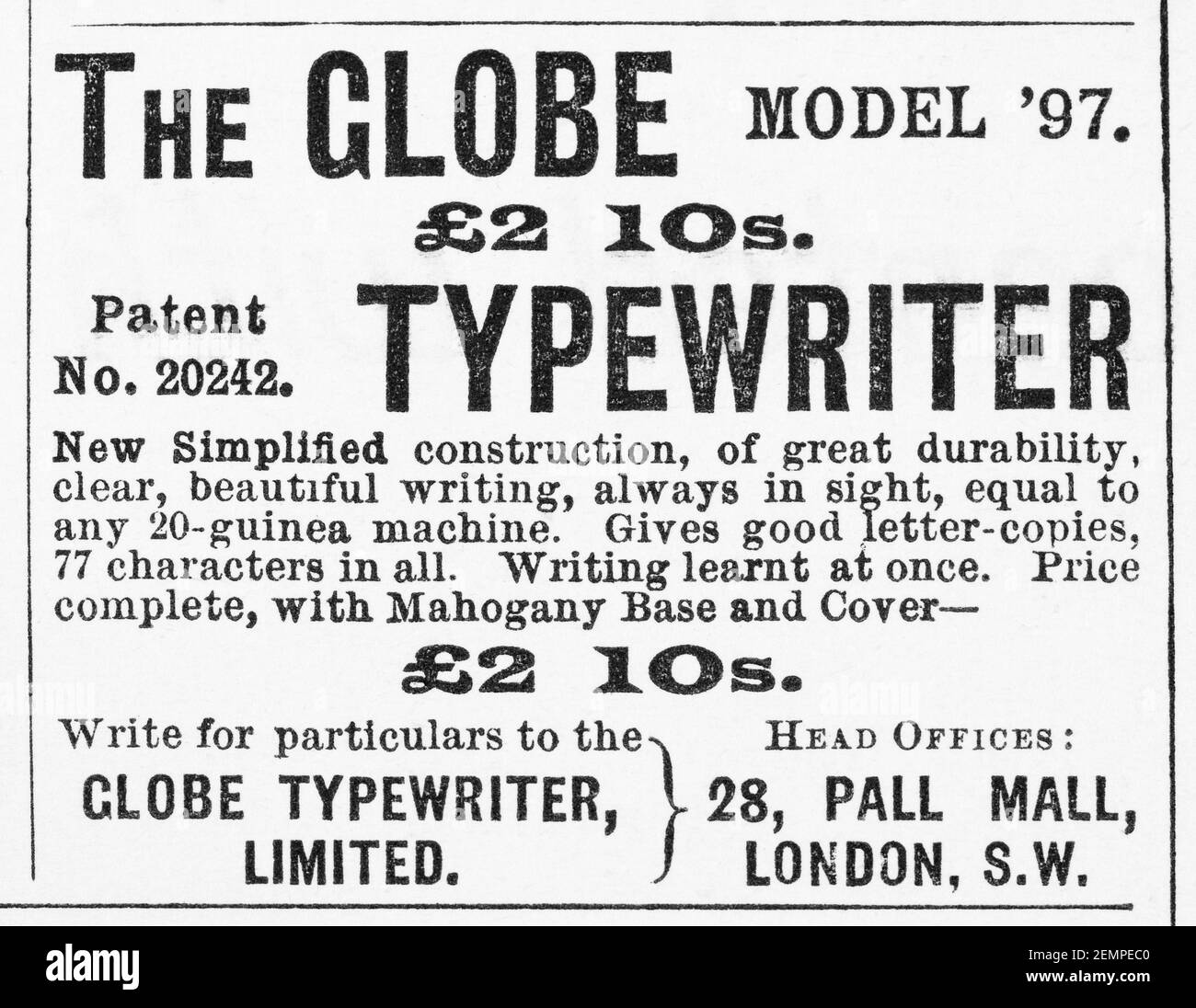 Alte viktorianische Zeitschrift Zeitungspapier Globe Schreibmaschine Anzeige von 1897 - vor dem Anbruch der Werbung Standards. Geschichte der Schreibmaschinen. Stockfoto