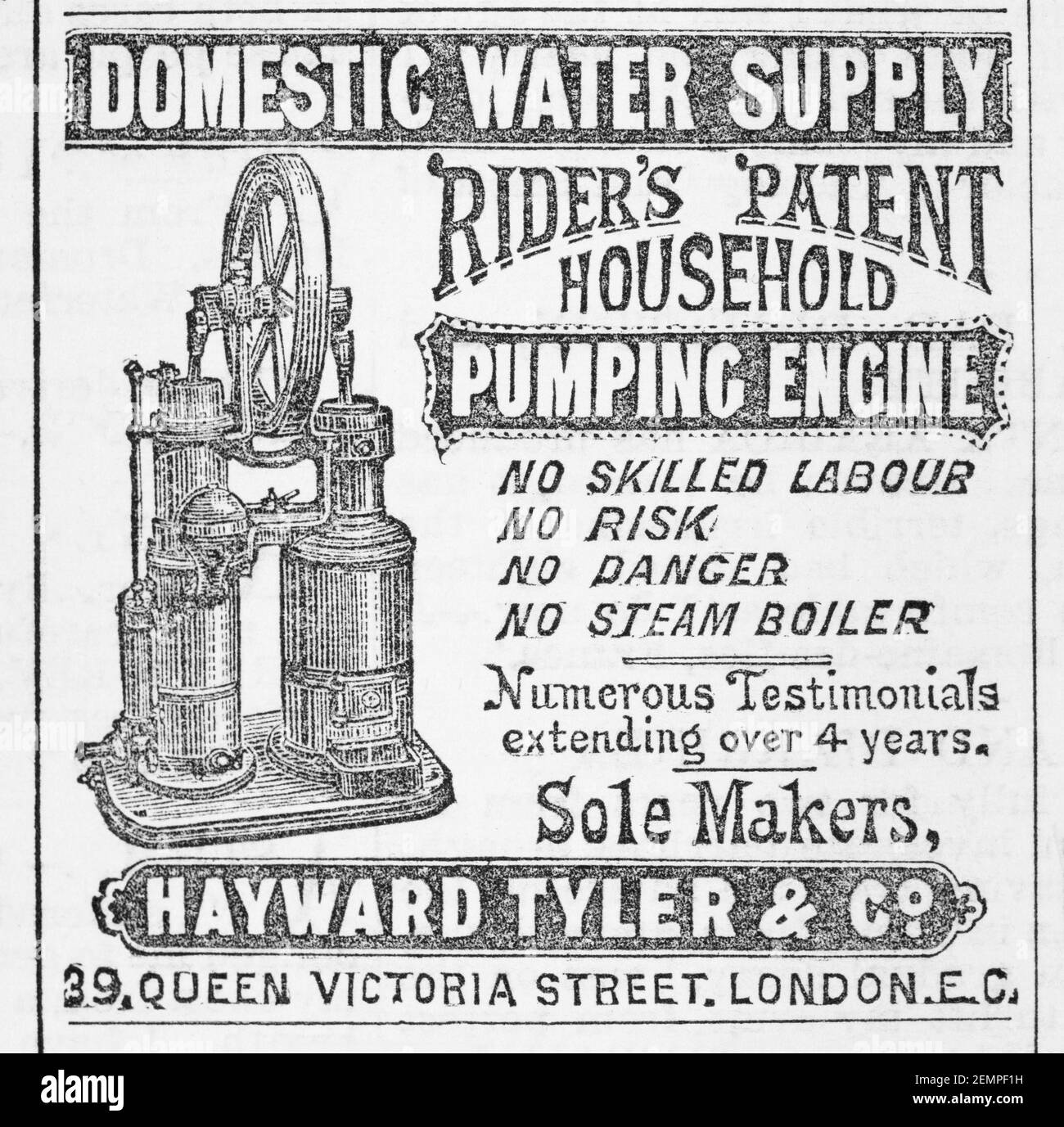 Viktorianische Anzeige (1880) für Rider's Household Pumping Engine for Water. Hergestellt in GB von Hayward-Tyler, aber ein US-Design. Viktorianische Hauswasserversorgung. Stockfoto