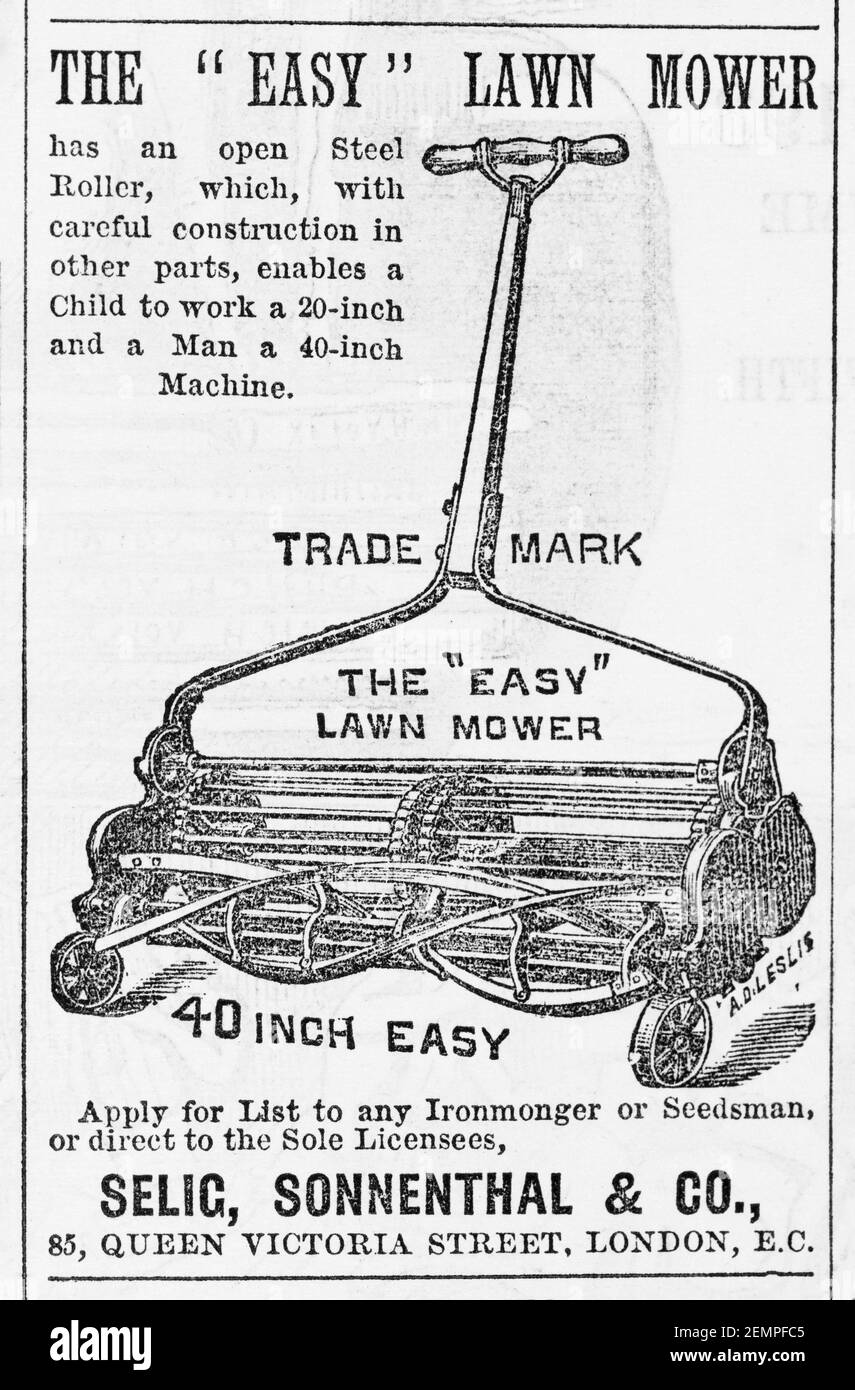 Alte viktorianische Zeitschrift Zeitungsdruckpapier Selig's "Easy" Garten Rasenmäher Anzeige von 1883 - vor dem Anbruch der Werbung Standards. Geschichte der Gartenarbeit. Stockfoto