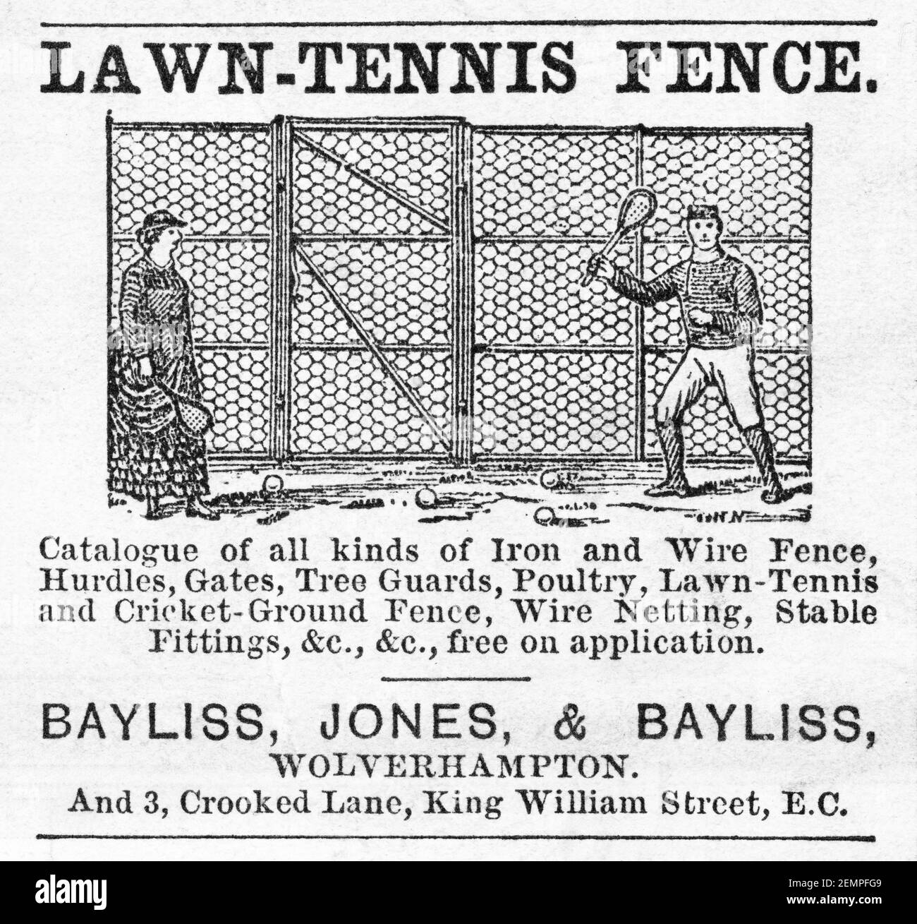Alte viktorianische Zeitschrift Zeitungspapier Bayliss Rasen-Tennis Zaun Anzeige von 1883 - vor dem Anbruch der Werbung Standards. Geschichte des Tennis. Stockfoto