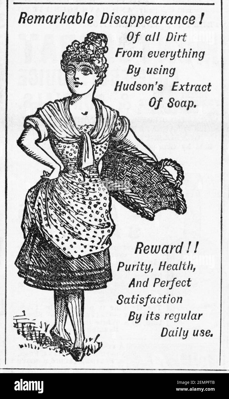 Vintage alte viktorianische Zeitschrift Zeitungsdruckpapier Hudson's Soap Markenwerbung von 1883 - vor dem Anbruch der Werbestandards. Geschichte der Seifenherstellung. Stockfoto