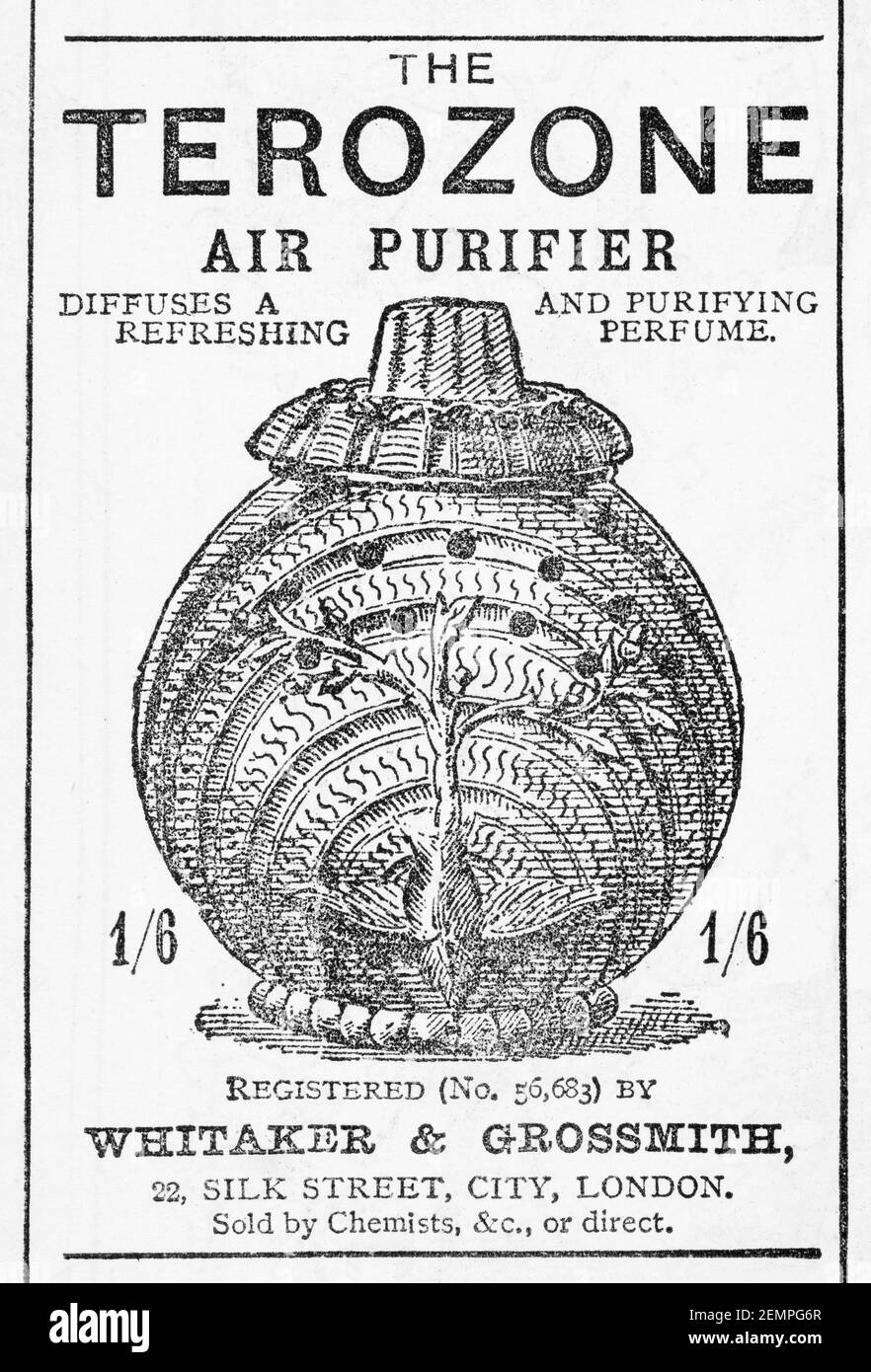 Alte viktorianische Zeitschrift Zeitungspapier Terozon Luftreiniger Anzeige von 1887 - vor dem Anbruch der Werbung Standards. Stockfoto