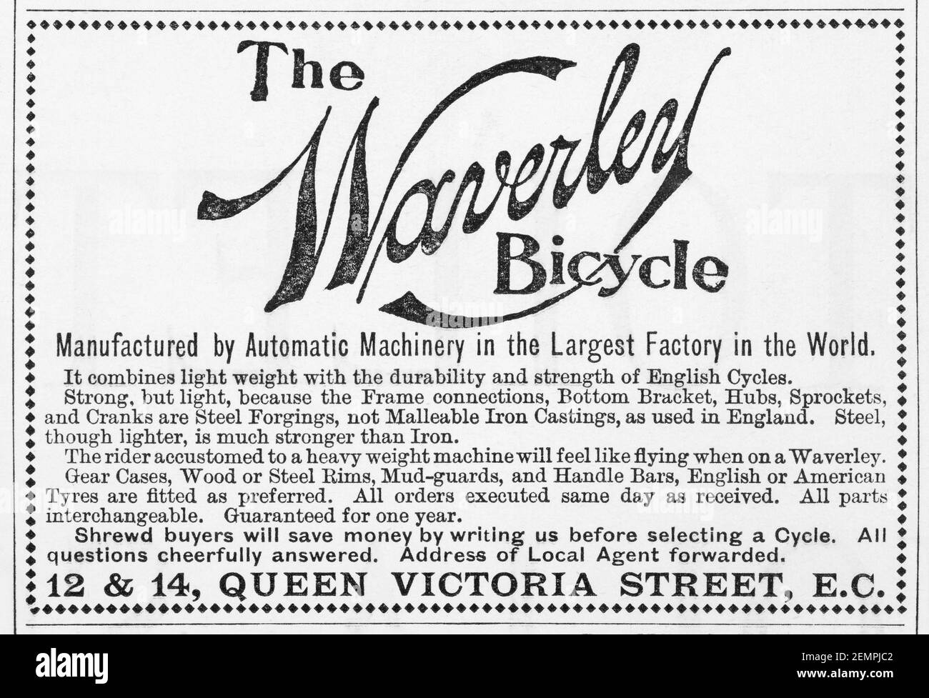 Alte Waverley Fahrrad-Werbung von 1897 - vor dem Anbruch der Werbestandards. Geschichte der Werbung, alte Anzeigen, Werbungsgeschichte Stockfoto
