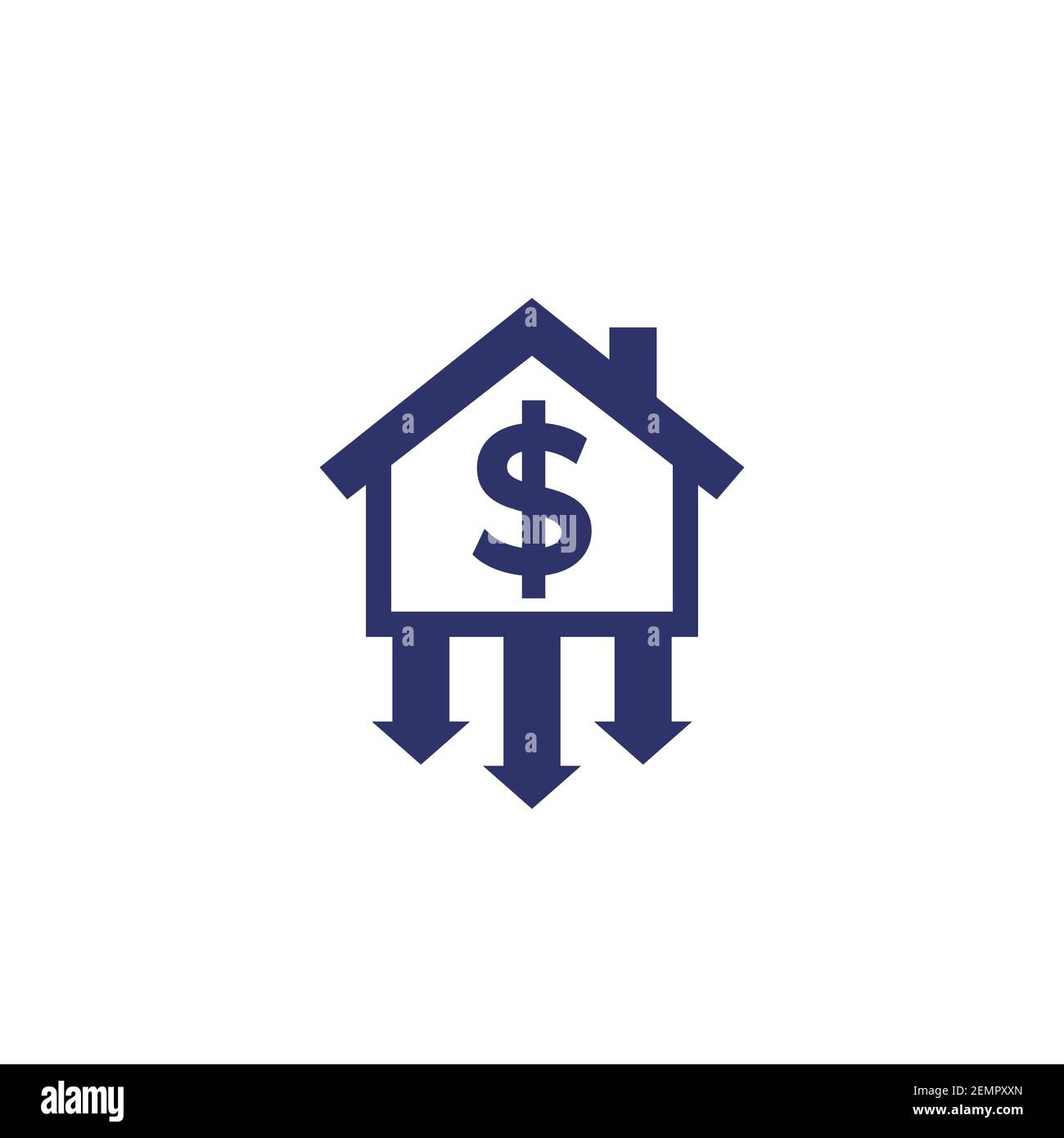 Häuserpreise sinken Symbol auf weiß, Vektor Stock Vektor