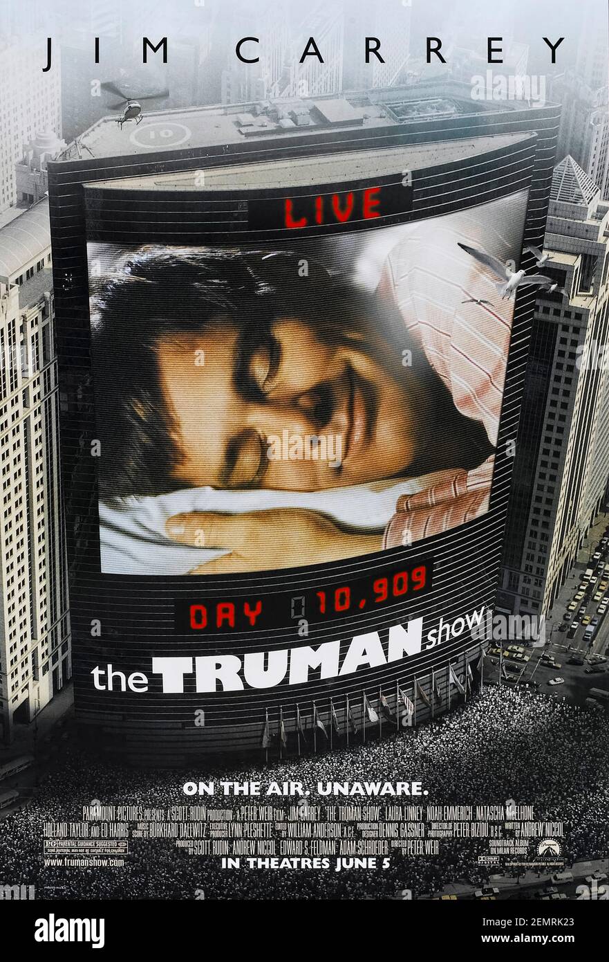 The Truman Show (1998) Regie: Peter Weir mit Jim Carrey, Ed Harris und Laura Linney. Fantastische Komödie über einen Versicherungsverkäufer, der sein ganzes Leben entdeckt, wird als Reality-TV-Show gefilmt. Stockfoto