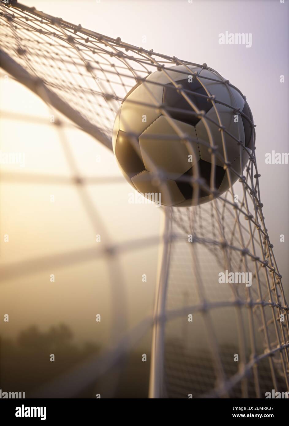 Fußball, erzielte das Tor und bewegen das Netz. Stockfoto