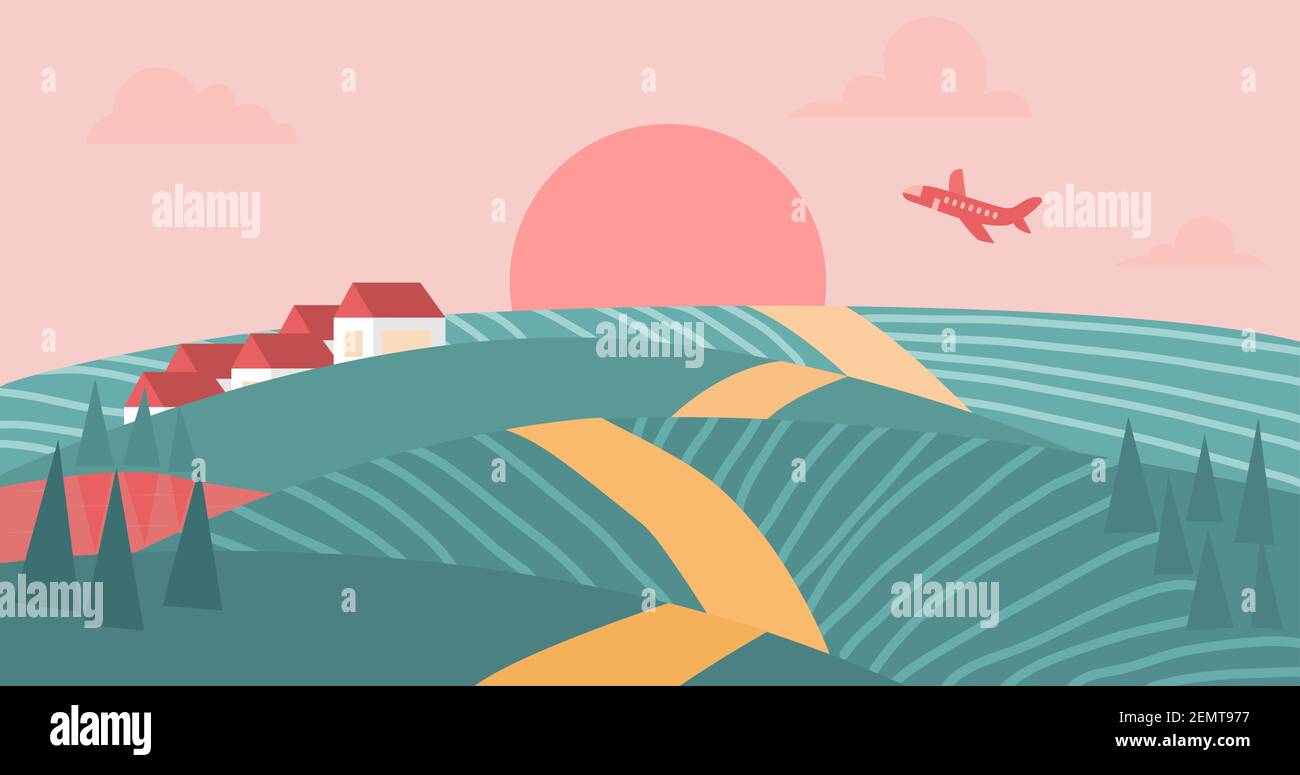 Frühmorgendliche Landschaft mit grünen Feldern, roter Sonne und Flugzeug am Himmel Stock Vektor