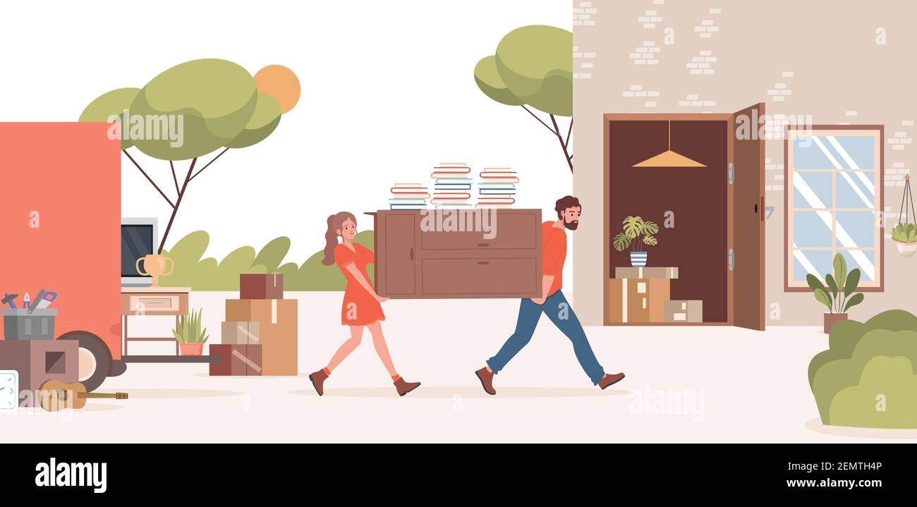 Mann und Frau Umzug in neue Vorstadthaus Vektor flache Illustration. Männliche und weibliche Charaktere tragen Kleiderschrank oder Kommode mit Büchern. Bewegung, Umzugskonzept. Stock Vektor