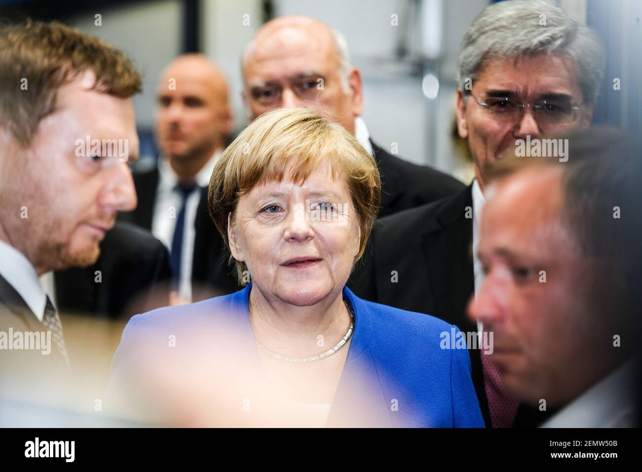 Ministerpräsident Michael Kretschmer, Bundeskanzlerin Angela Merkel, Siemens Chef Joe Kaeser Siemens Görlitz 15.7.2019 Stockfoto