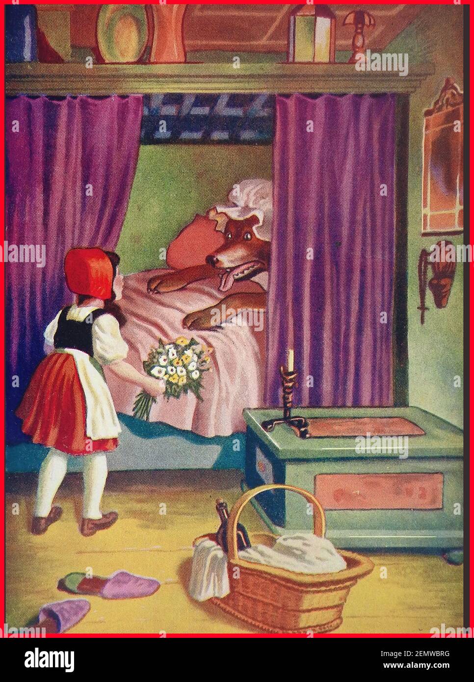 Eine ca. 1940er Jahre frühe britische Farbdarstellung der Kinder Märchen ROTE REITHAUBE mit dem Mädchen konfrontiert Von dem Wolf, der ihre Großmutter gegessen hatte Stockfoto