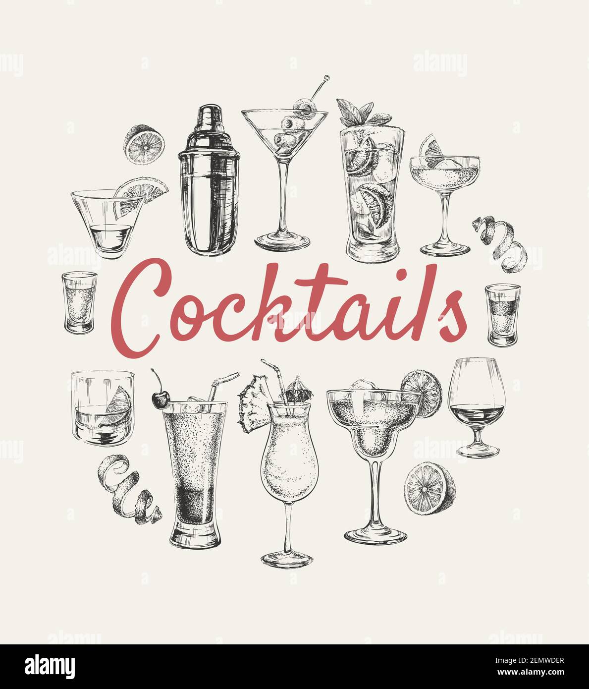 Set von Skizze Cocktails und Alkoholgetränke Vektor von Hand gezeichnet Illustration Set von Skizze Cocktails und Alkoholgetränke Vektor Hand Gezeichnete Illustration Stock Vektor