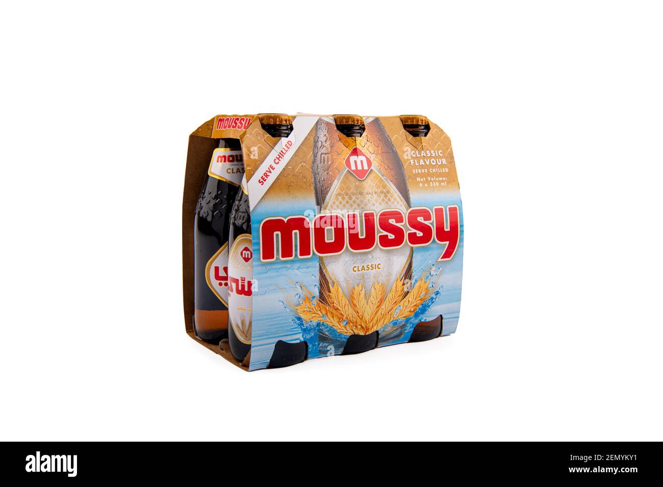 MOUSSY Classic alkoholfreies Malzgetränk auf isoliertem Hintergrund Stockfoto