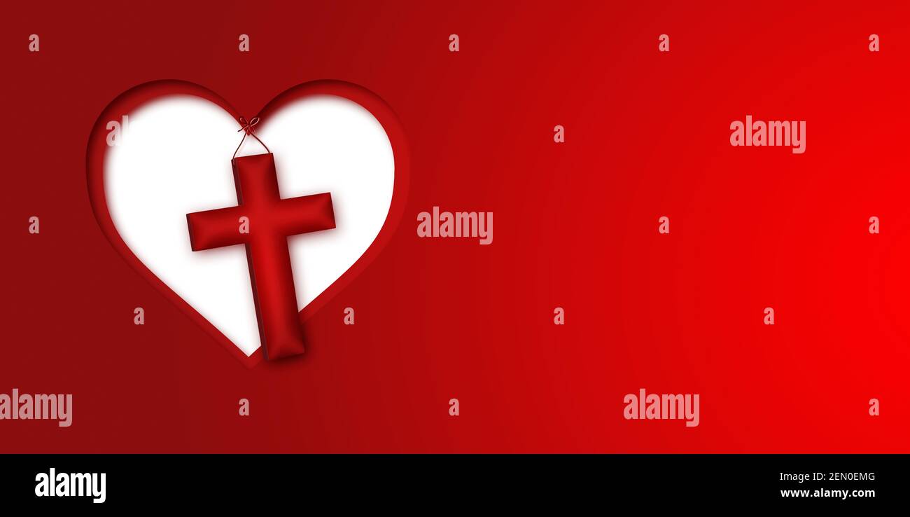 Konzept der Liebe zu Gott mit Illustration mit Ausschnitten konzentrischer roter Herzen, die zu einem Kreuz führen. Stockfoto