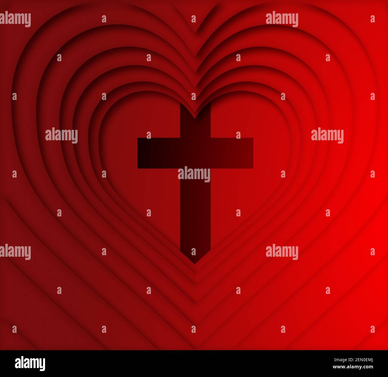 Konzept der Liebe zu Gott mit Illustration mit Ausschnitten konzentrischer roter Herzen, die zu einem Kreuz führen. Quadratische Zusammensetzung Stockfoto