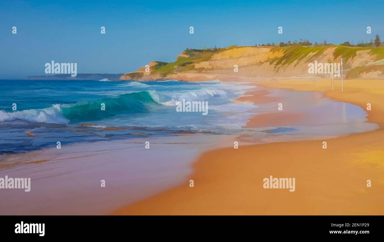 Digitale Malerei eines Sandstrandes in Newcastle, NSW, Australien, mit krachenden Wellen. Stockfoto