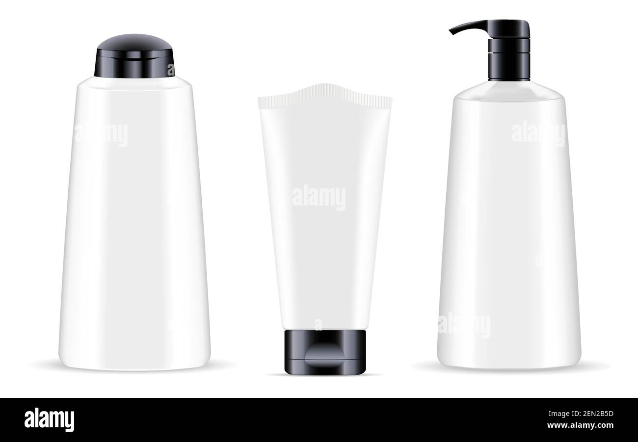 Kosmetische Produkt Flasche weiß. Vektorpaket Cremetöhrchen, 3D. Pumpflasche, Lotion, Gel Verpackung Design. Pumpenspender Flüssigseife, Abbildung auf weiß Stock Vektor