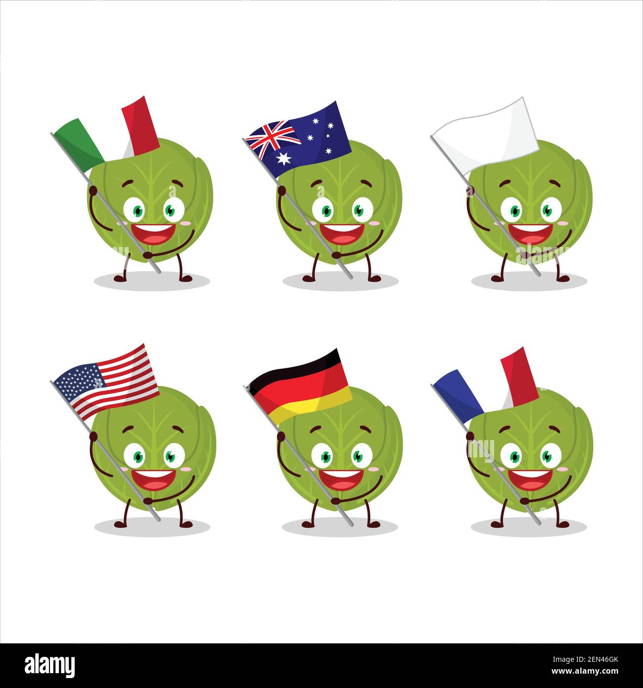 Brüssel Sprossen Cartoon-Figur bringen die Flaggen der verschiedenen Länder. Vektorgrafik Stock Vektor