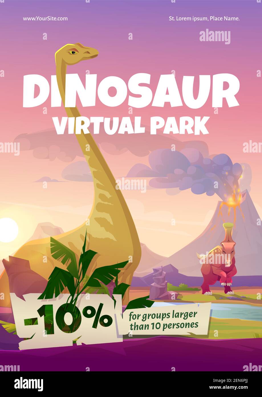 Dinosaurier virtuellen Park Flyer. VR-Technologien, Augmented Reality mit antiken Reptilien. Vektor-Poster mit Cartoon-Landschaft der jurassic Ära mit Dino-Figuren und Vulkan Stock Vektor
