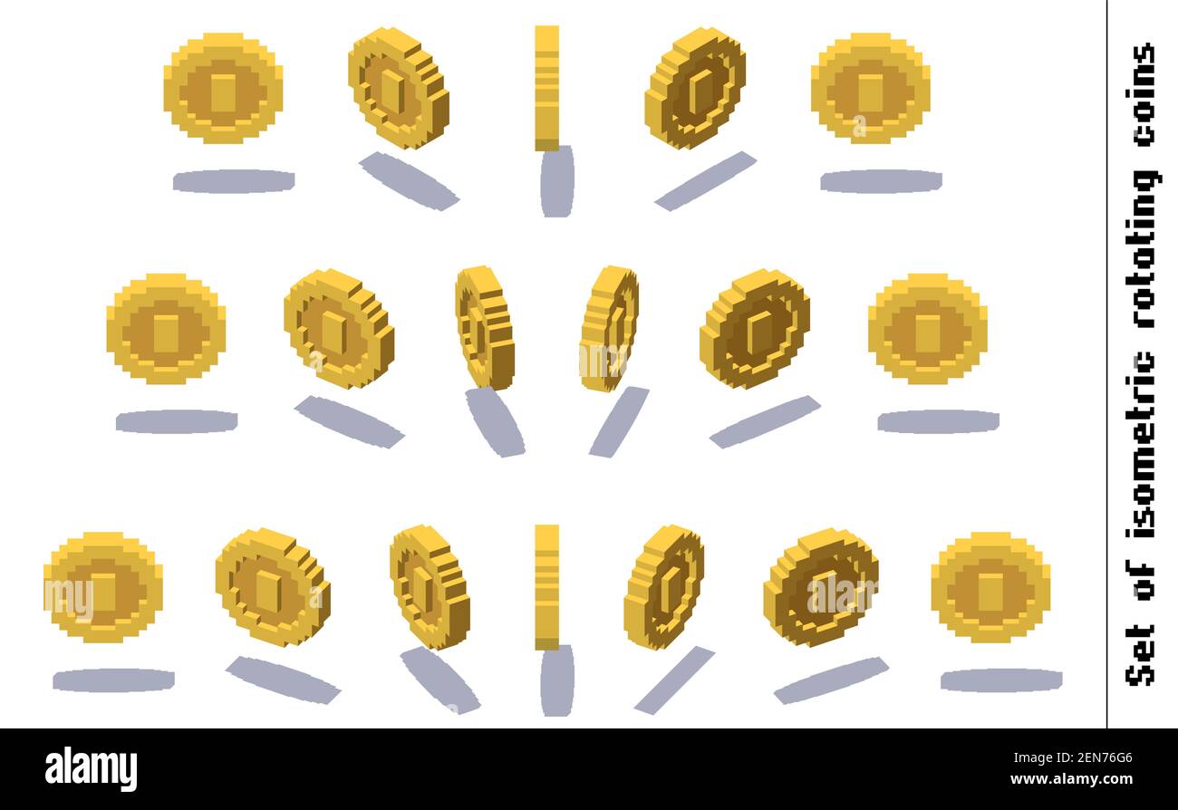Satz rotierender Pixelmünzen für Spiel- oder App-Animationen Stock Vektor