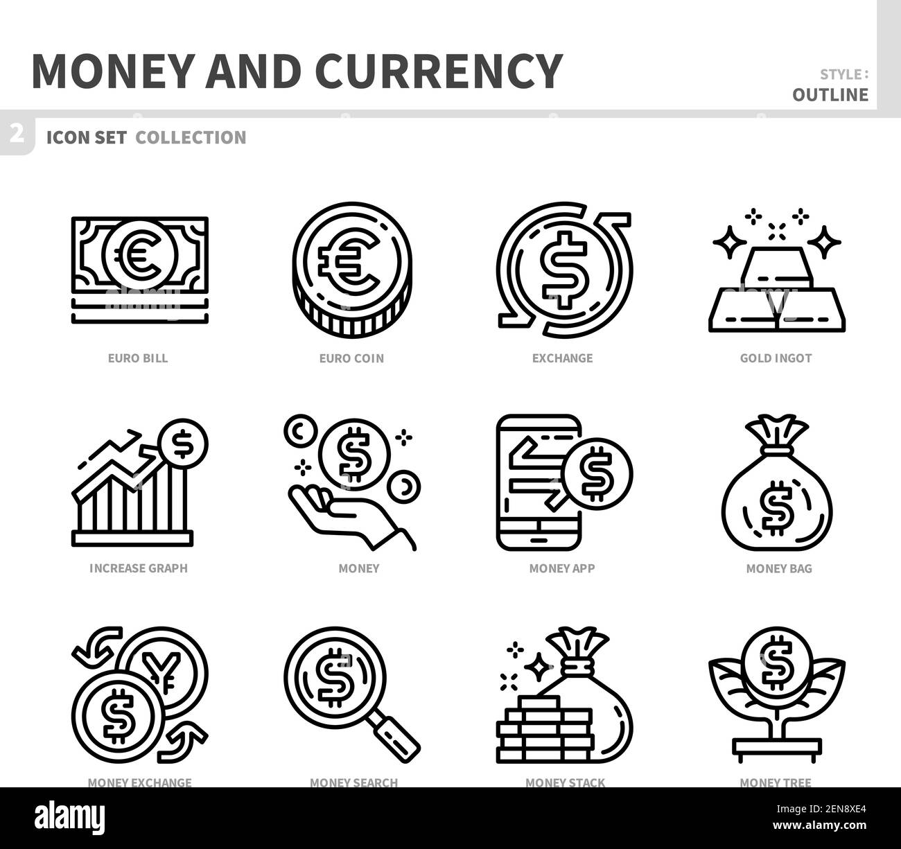 Geld und Währung Icon Set, Umrissstil, Vektor und Illustration Stock Vektor