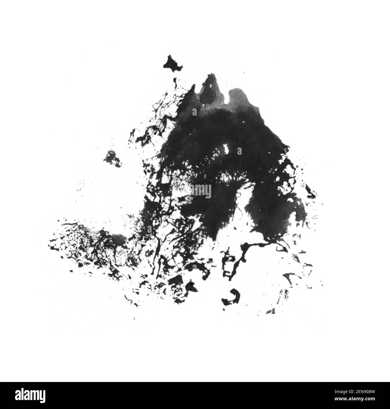 Schöne schwarze Tinte verschütteten Pinsel isoliert auf weißem Hintergrund für Kunstdesign Stockfoto