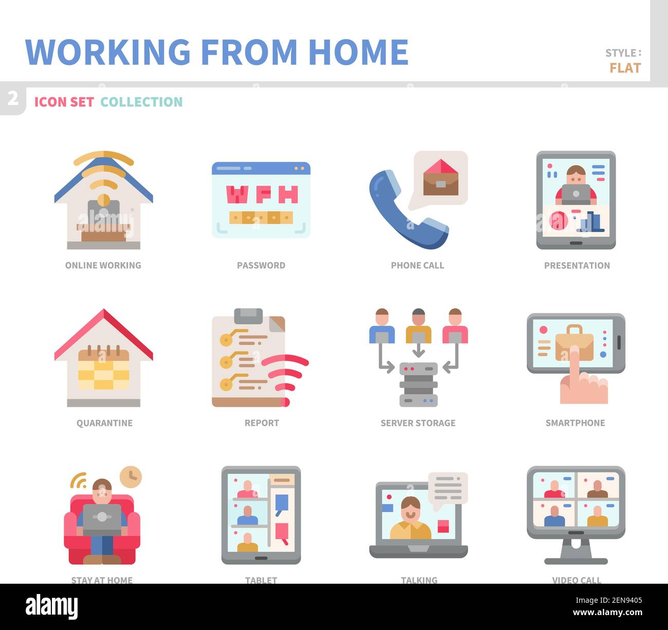 Arbeiten von zu Hause Icon Set, flache Stil, Vektor und Illustration Stock Vektor