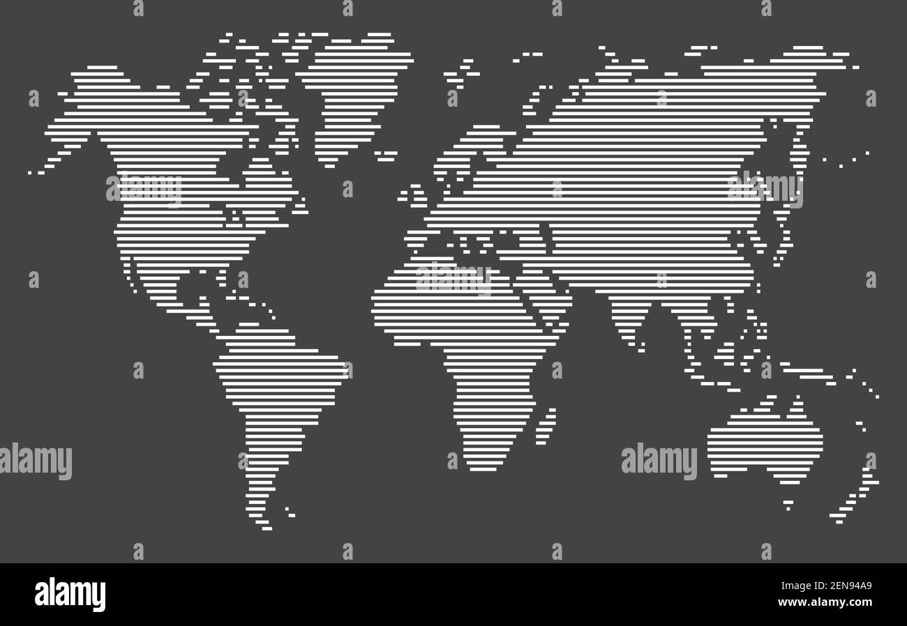 Weiße horizontale, Streifen Linie Weltkarte auf schwarzem Hintergrund, Vollformat-Muster, Vektor und Illustration Stock Vektor