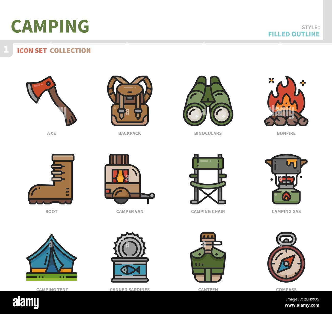 Camping Icon Set, gefüllte Umrissstil, Vektor und Illustration Stock Vektor