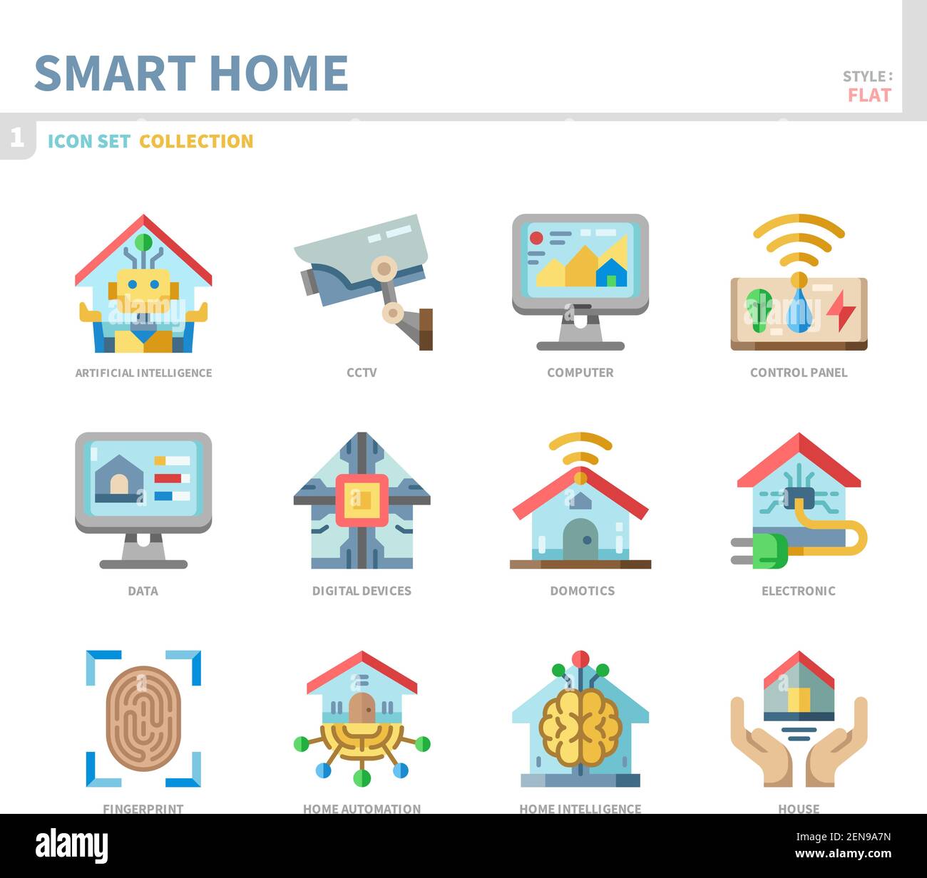 Smart Home Icon Set, flacher Stil, Vektor und Illustration Stock Vektor