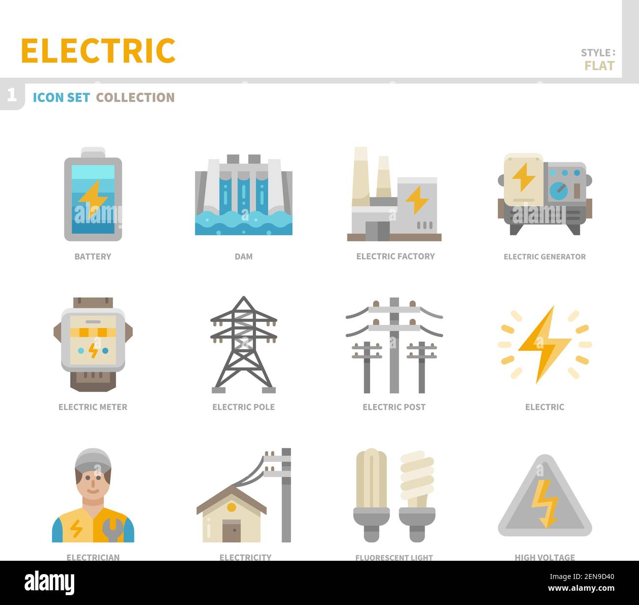 Elektrische Icon-Set, Farbe flach Stil, Vektor und Illustration Stock Vektor