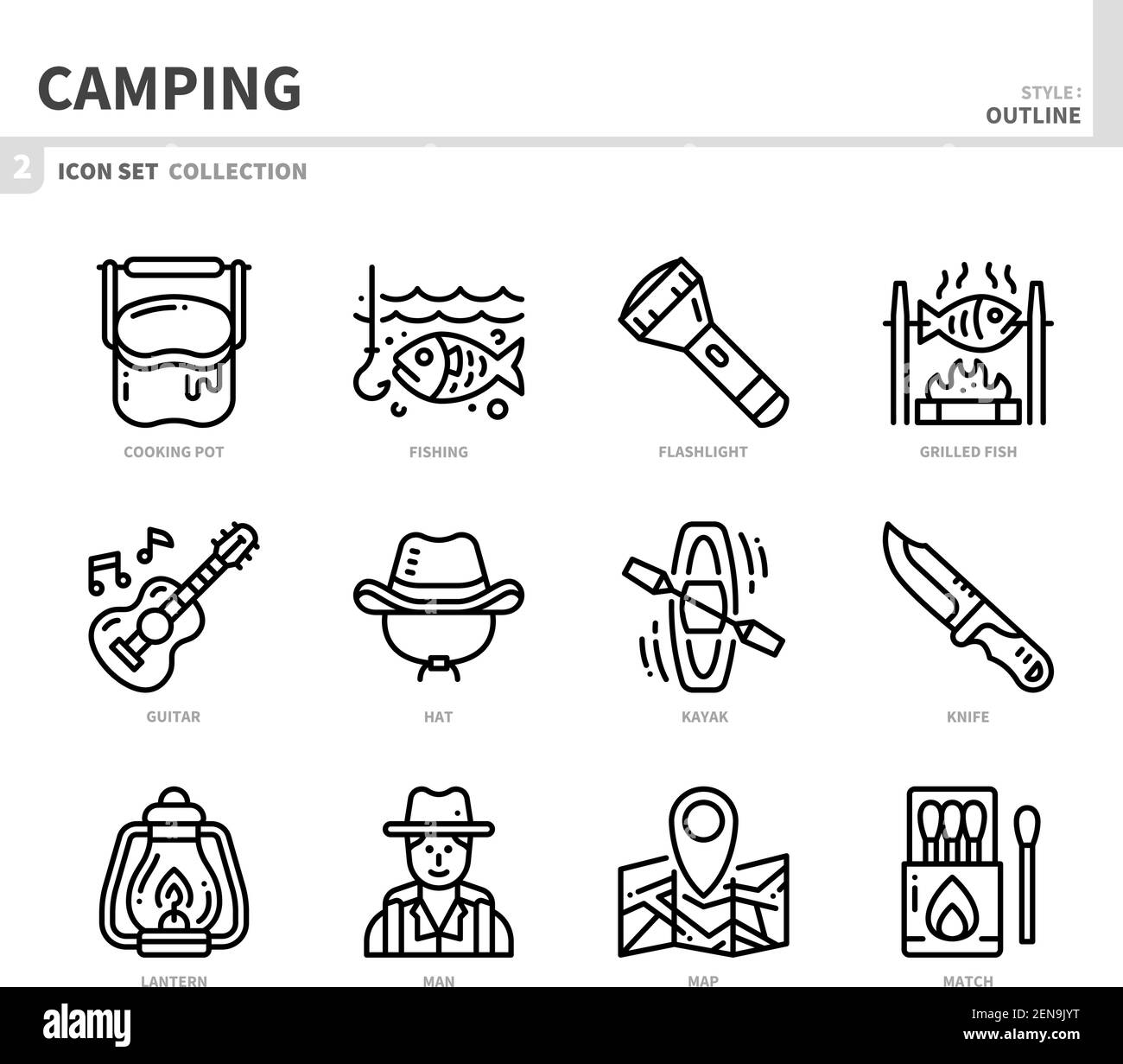 Camping Icon Set, Umriss Stil, Vektor und Illustration Stock Vektor